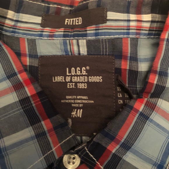 H&M L.O.G.G. Fitted Plaid Long Sleeve Button Down Shirt red white blue size XL - Picture 5 of 5
